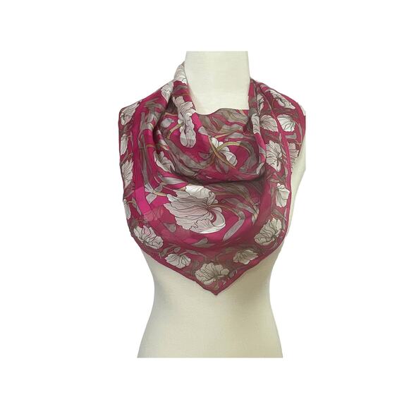 1990s Hiroko for Dozo Pink & White Semi Sheer Silk  Square Floral Motif Scarf - Picture 7 of 7